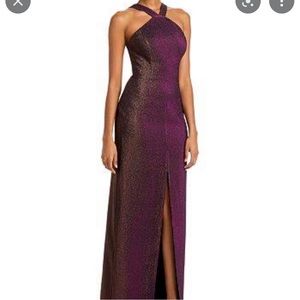 Aidan by Aidan Mattox -  Metallic Cage-Back  Halter Gown